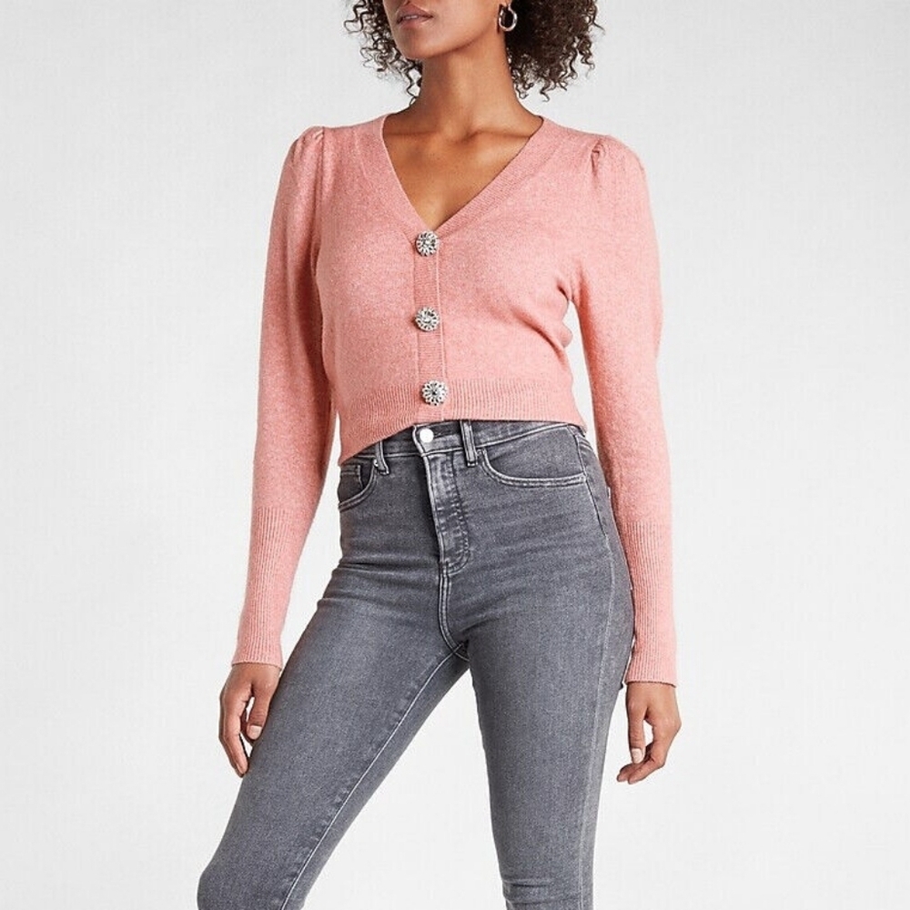 Express jewel embellished button cardigan sweater pink puff sleeve size small